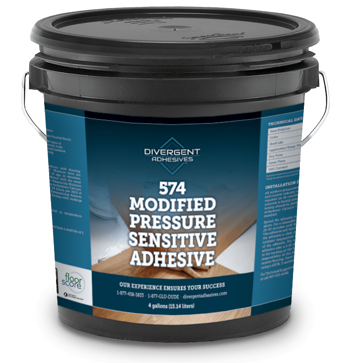 A bucket of modified pressure sensitive adhesive.