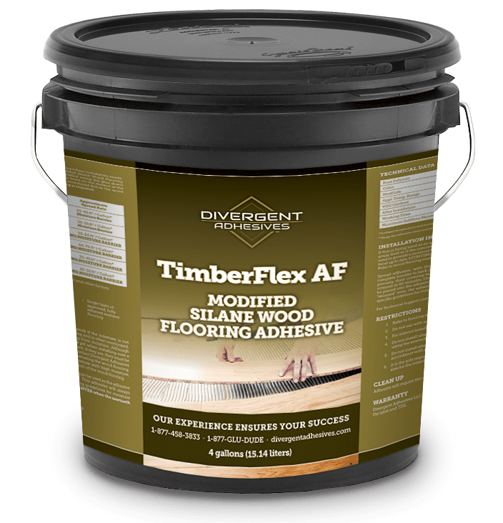 A bucket of timberflex af modified flake wood flooring adhesive.