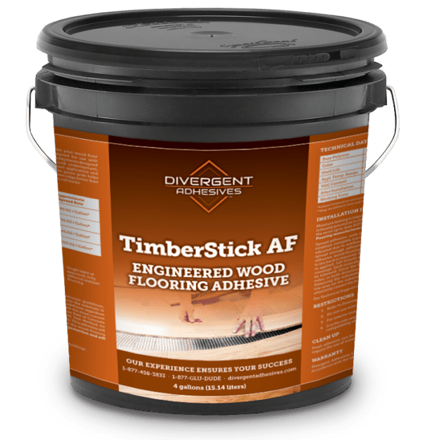 A bucket of timberstick af engineered wood flooring adhesive.