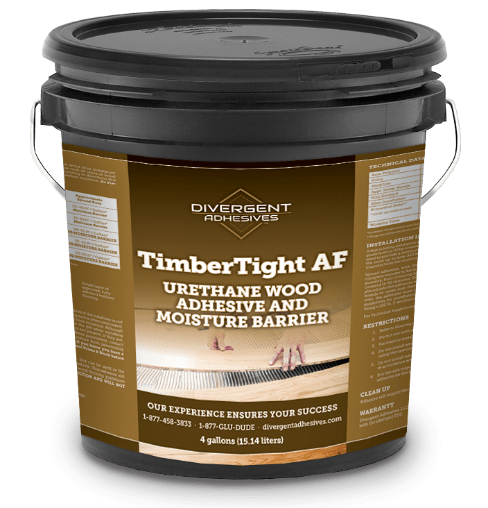 A bucket of timbertight af urethane wood adhesive and moisture barrier.