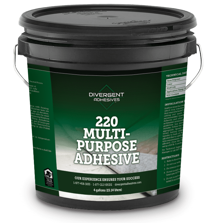 A bucket of multi-purpose adhesive for floors and walls.