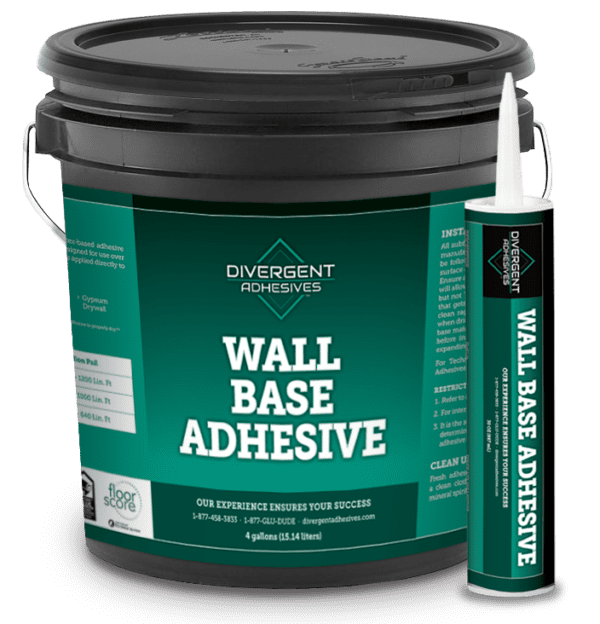 A bucket of wall base adhesive next to a can.