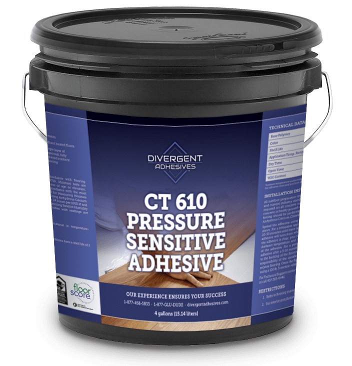 A bucket of pressure sensitive adhesive for construction.