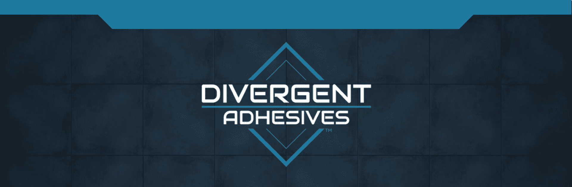 A blue and white logo for divergent adhesives