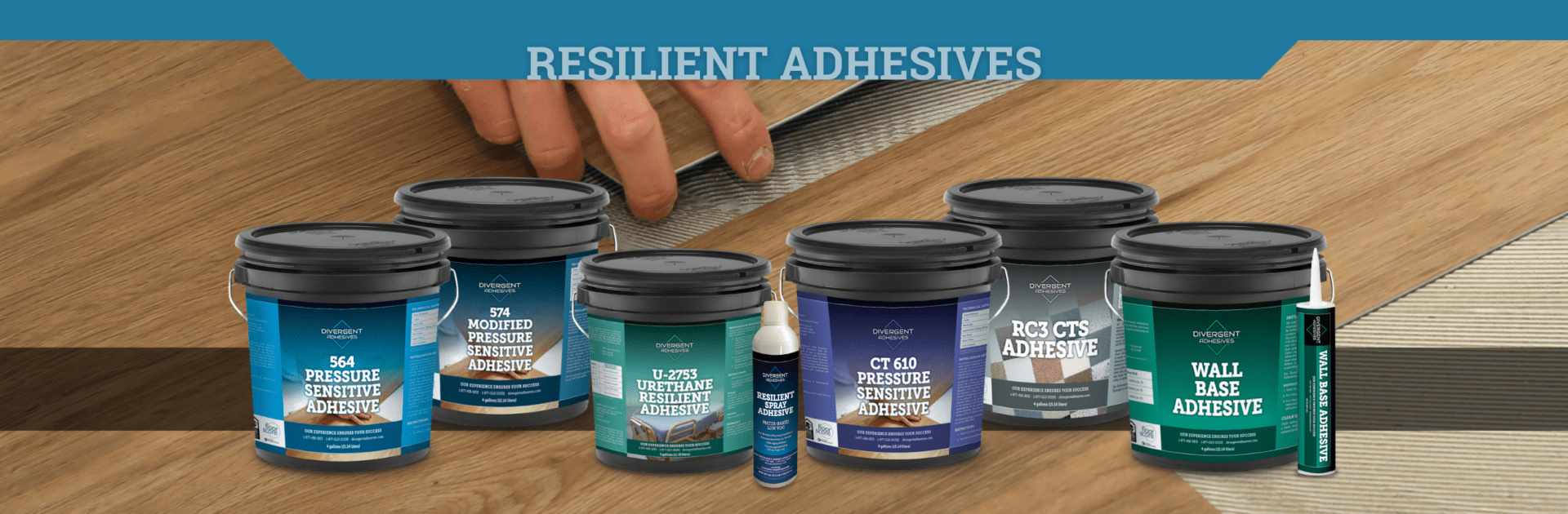A group of four containers with different types of adhesives.